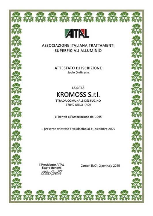 Certificazione ASSOCIAZIONE ITALIANA TRATTAMENTI SUPERFICIALI ALLUMINIO